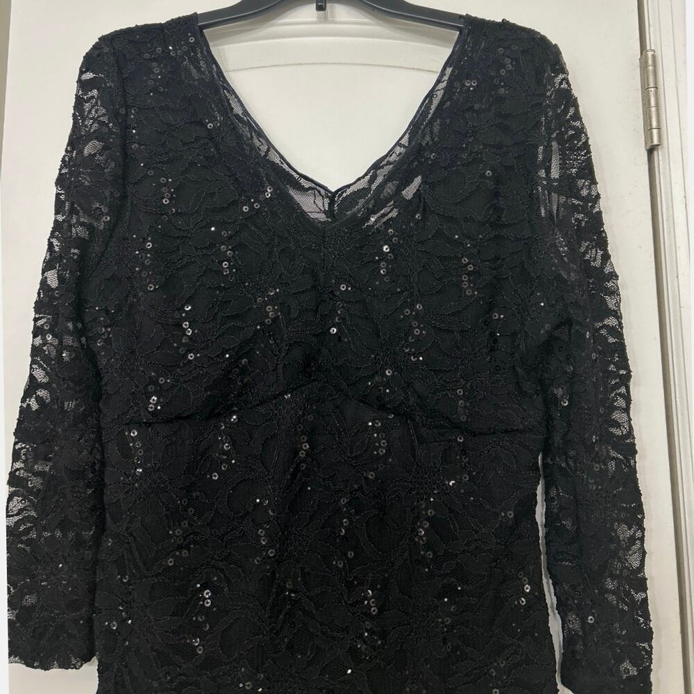 Boston Proper Black Lace Sequin V-Neck Top XL Made USA Y2K Evening Sheer Sleeves - Picture 4 of 11